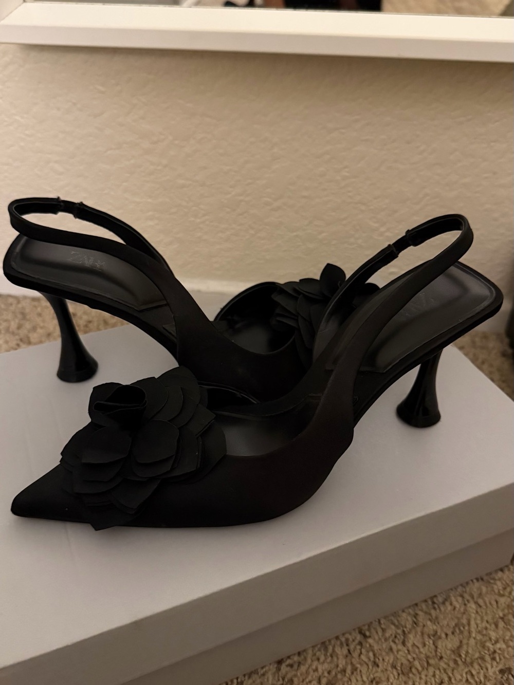 Zara Black Pointed Slingback Heels with Layered Flower
